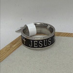 JESUS Silver Tone and Black Ring Size 10 Unisex
